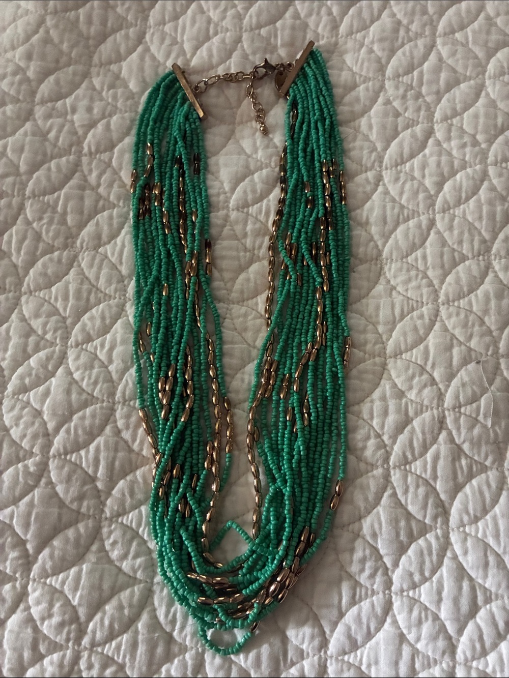 Multi-Strand Turquoise Seed Bead Necklace with Gold Accents